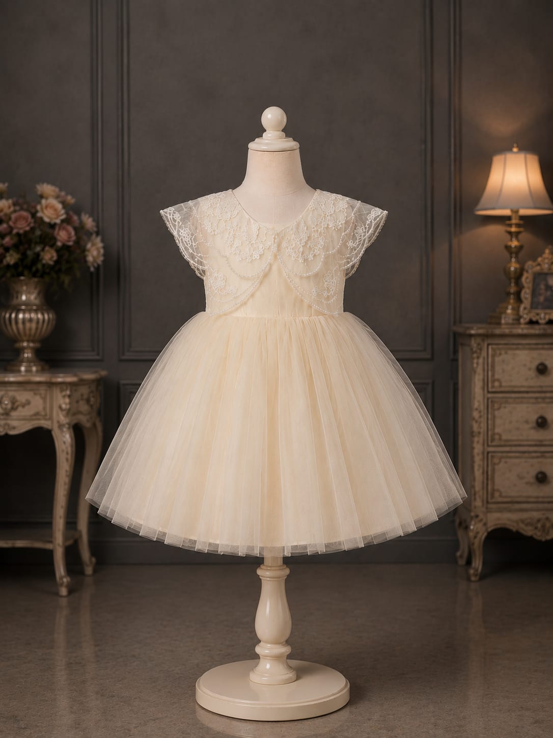 Girls Premium Cream Princess Party Wear Frock with Lace Neck | Birthday & Wedding Dress | Size 18–22