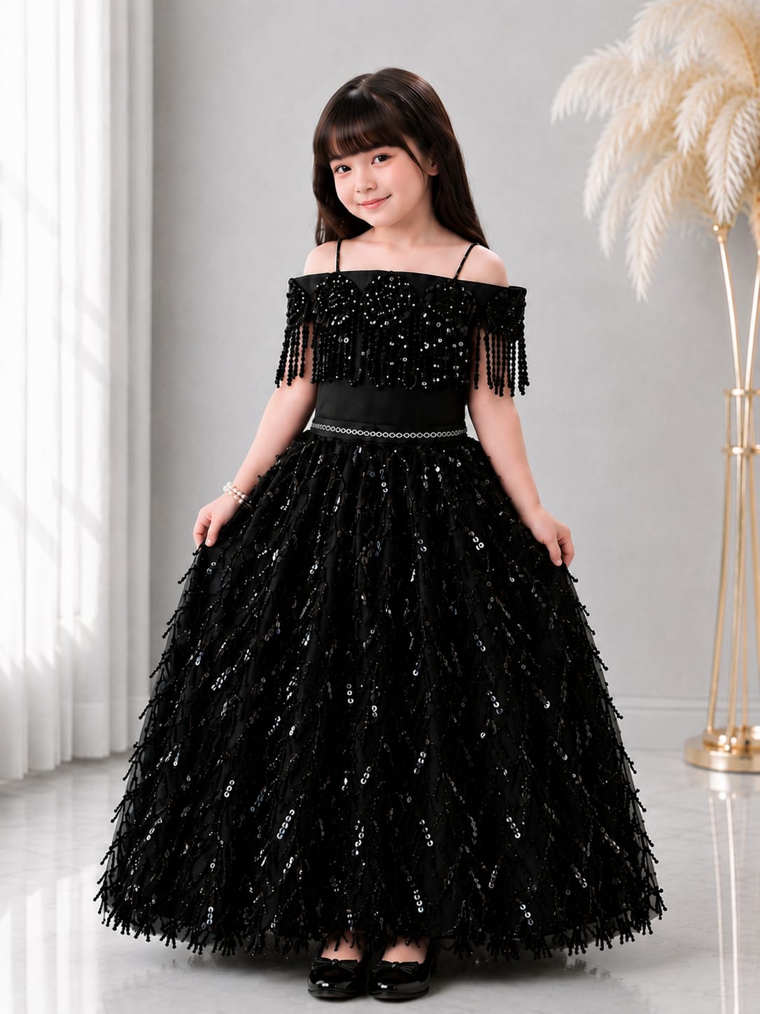 Girls Premium Black Sequin Party Wear Ball Gown Dress | Princess Birthday & Wedding Dress | 3–8 Years