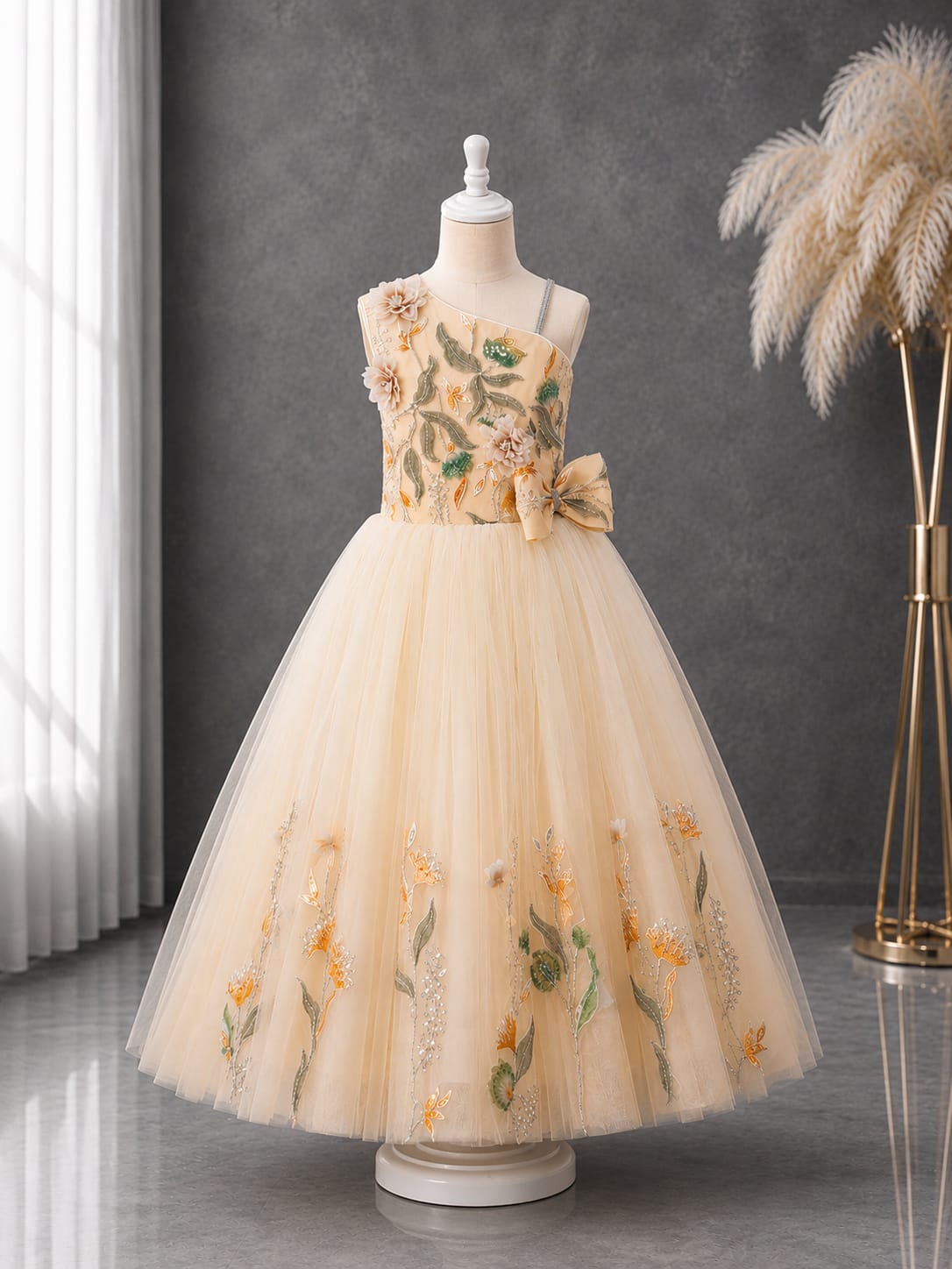Girls Premium Floral Embroidered Princess Party Wear Gown – Champagne Beige | Birthday & Wedding Dress | 3–8 Years