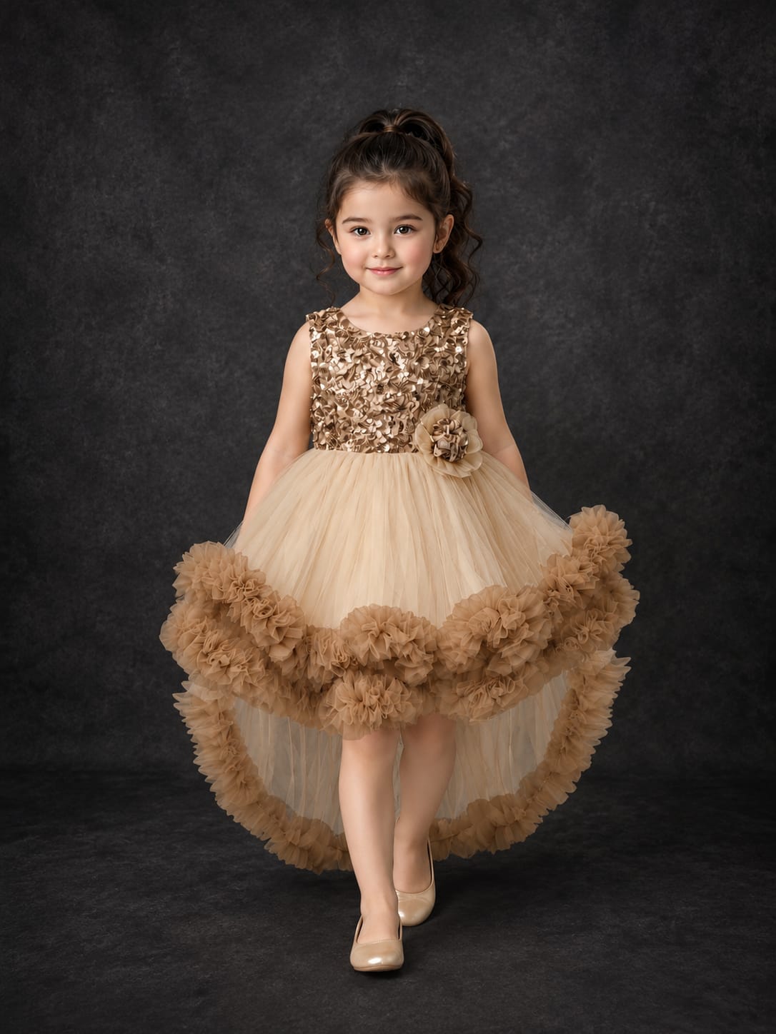 Girls Premium High-Low Party Wear Frock – Champagne Gold | Designer Birthday & Wedding Dress | Size 16–20