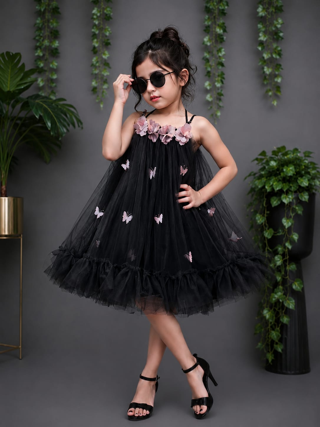 Product Title  Girls Premium Black Butterfly Party Wear Frock – Designer Net Dress | Size 16–20