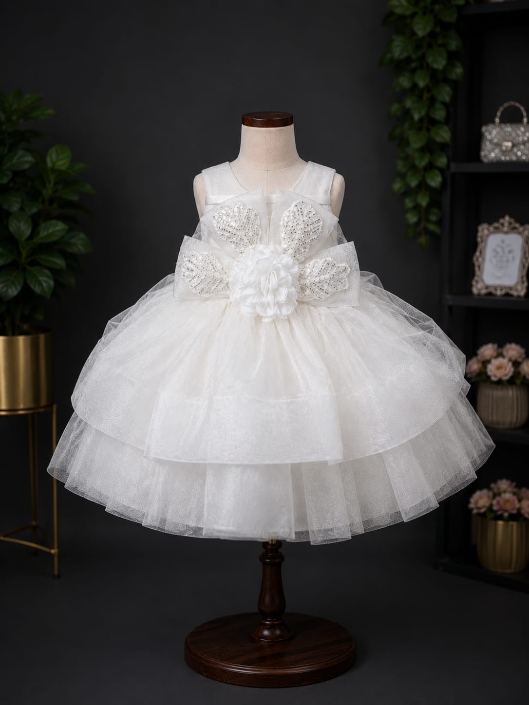 Product Title  Girls Premium White Party Wear Frock – Designer Layered Net Princess Dress | Size 16–22
