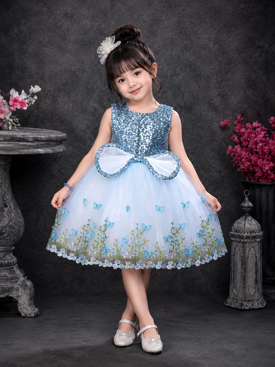 Product Title  Girls Premium Sky Blue Butterfly Party Wear Frock – Designer Net Princess Dress | Size 16–18