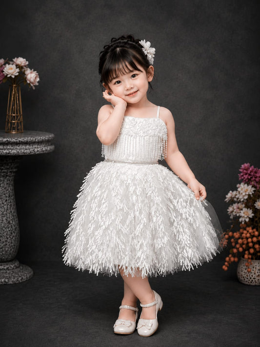 Girls Premium White Party Wear Frock – Designer Pearl & Sequin Princess Dress | Size 16–22