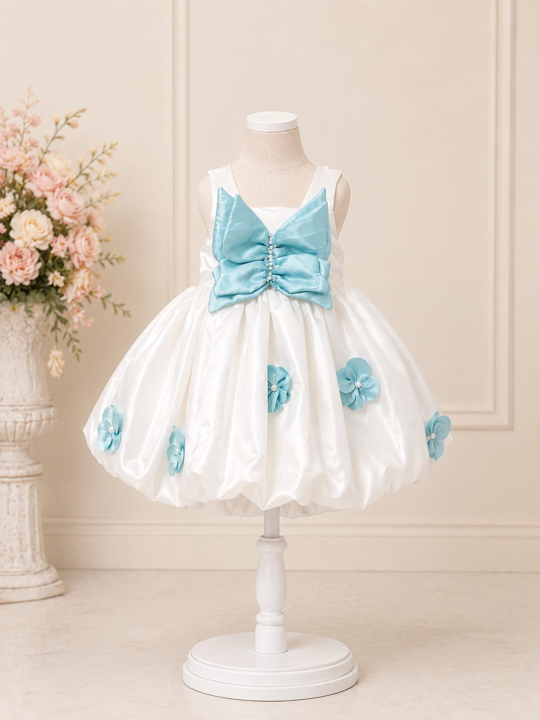 Product Title  Girls Premium White & Sky Blue Party Wear Frock – Designer Balloon Princess Dress | Size 16–22