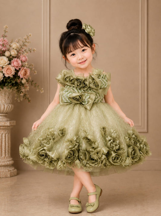 Girls Premium Olive Green Floral Party Wear Frock – Designer Princess Dress | Size 16–22