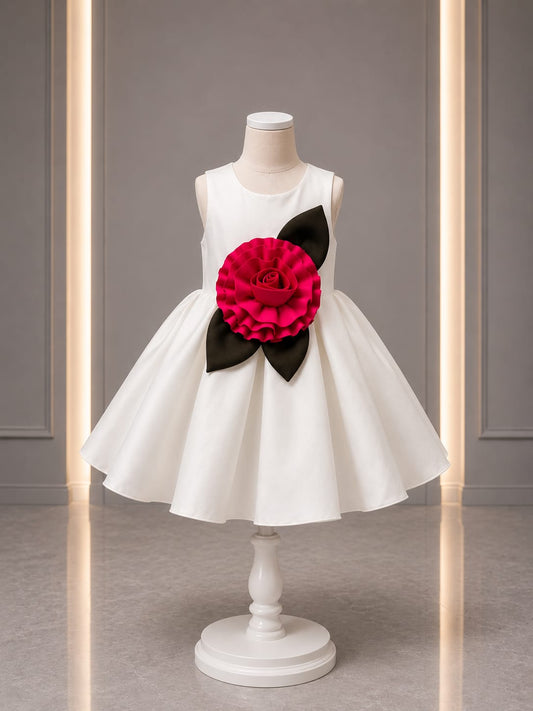 Girls Premium White Party Wear Frock – Designer Satin Princess Dress with 3D Floral Appliqué | Size 20-22