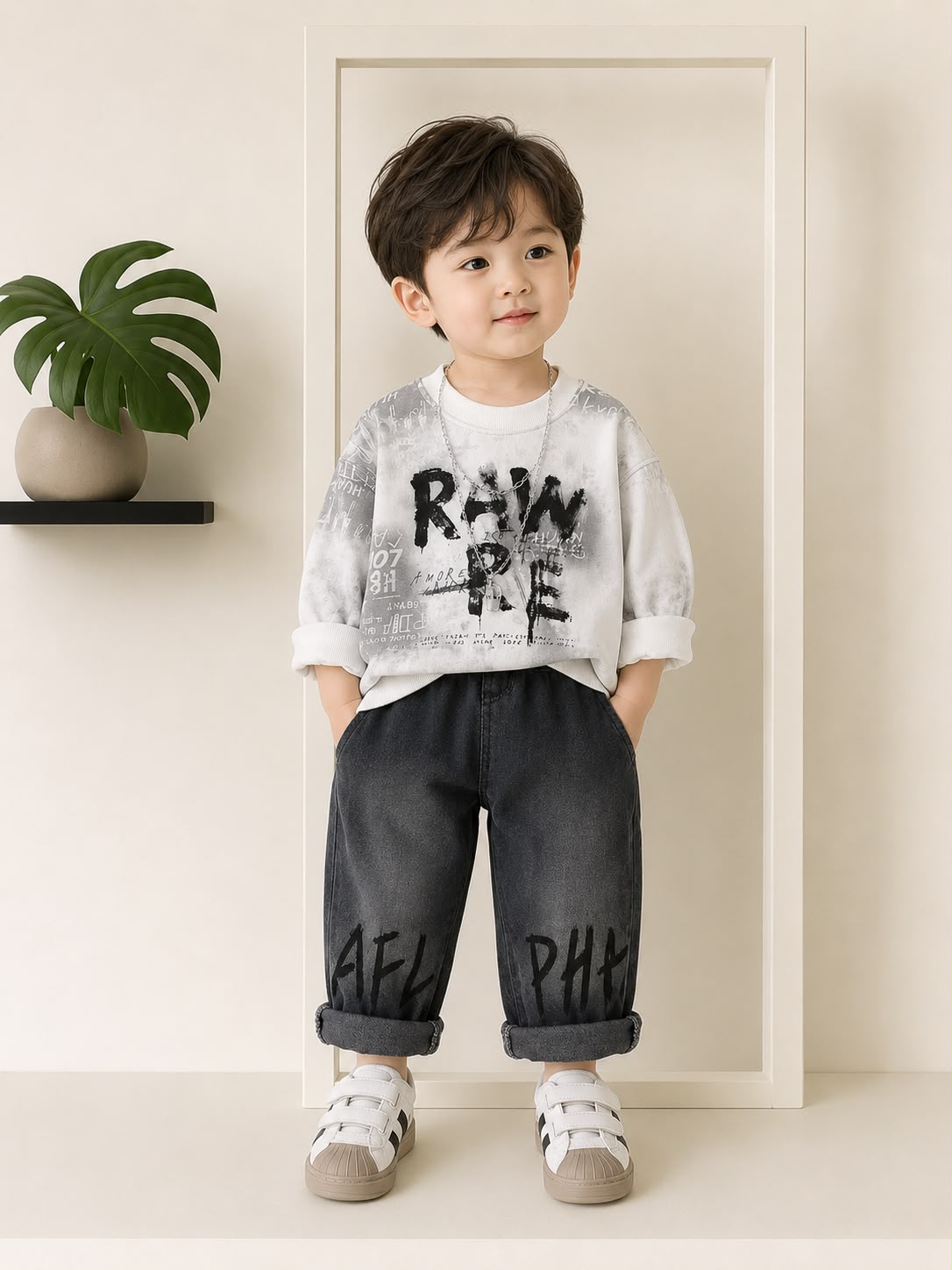 Product Title  Boys Premium 2 Pcs Casual Cord Set – Grey Graphic Sweatshirt & Black Denim Jogger Pants | Size 18–26