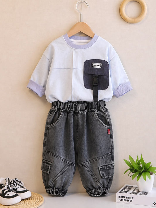 Product Title  Boys Premium 2 Pcs Casual Cord Set – Sky Blue Sweatshirt & Black Cargo Jogger Pants | Size 18–26
