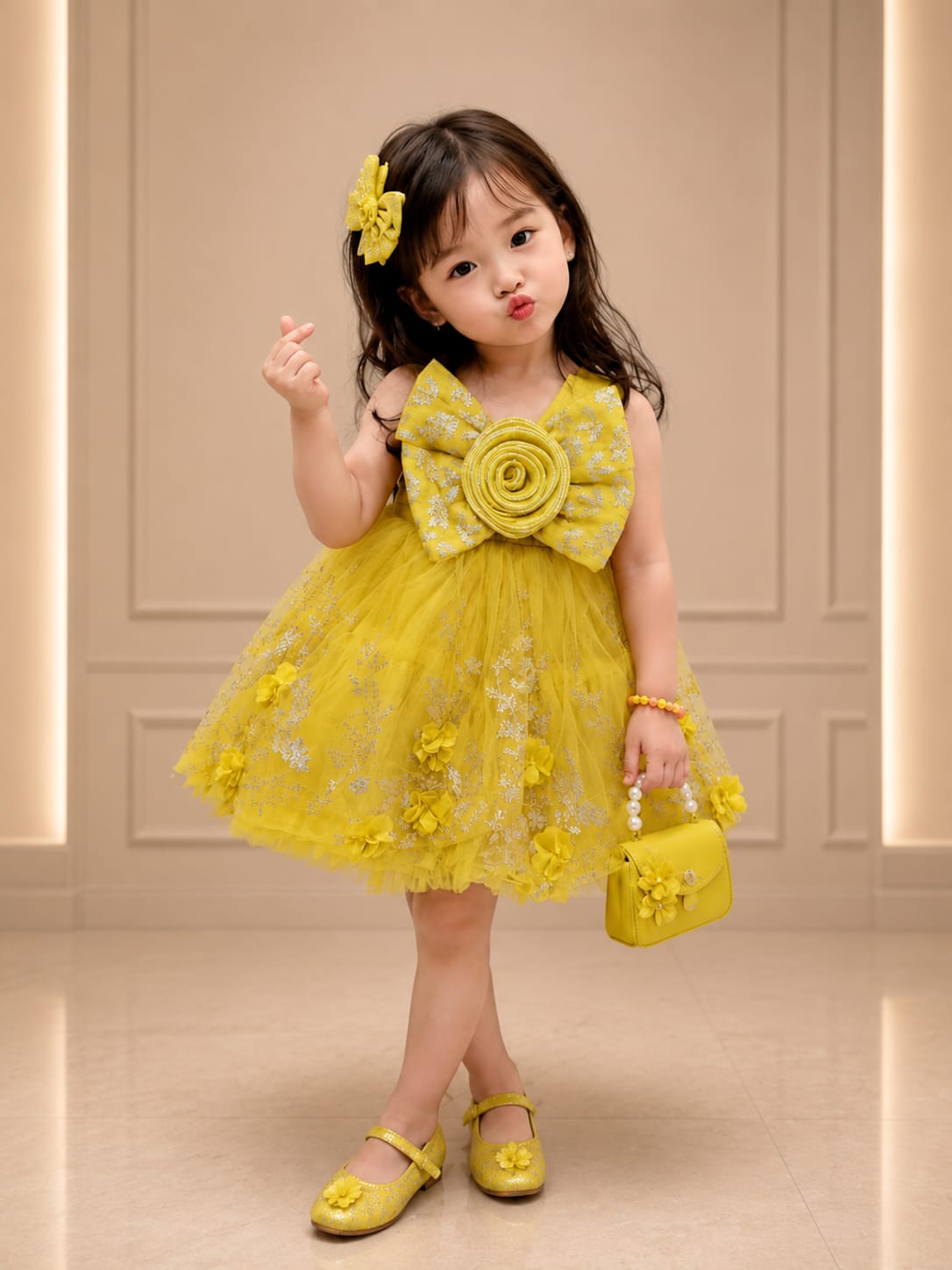 Product Title  Girls Premium Mustard Yellow Party Wear Frock – Designer Princess Dress with Floral Bow | Size 16–22