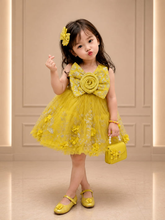Girls Premium Mustard Yellow Party Wear Frock – Designer Princess Dress with Floral Bow | Size 16–22