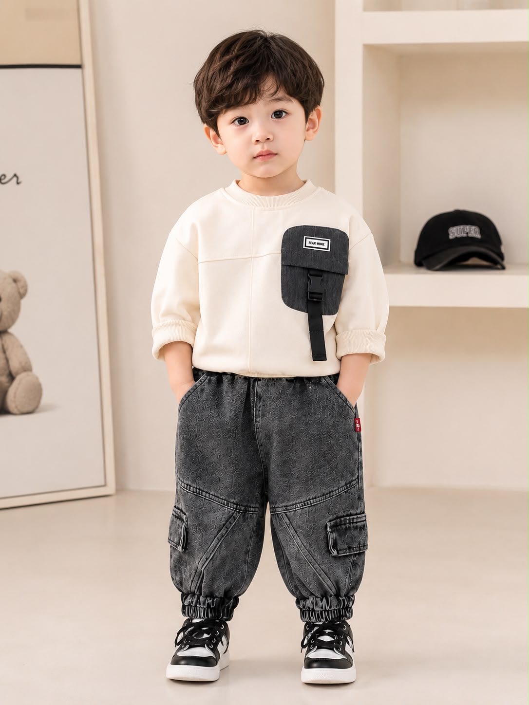Product Title  Boys Premium Beige & Grey 2 Pcs Cord Set – Sweatshirt with Cargo Jogger Pants | Casual Wear | Size 18–26