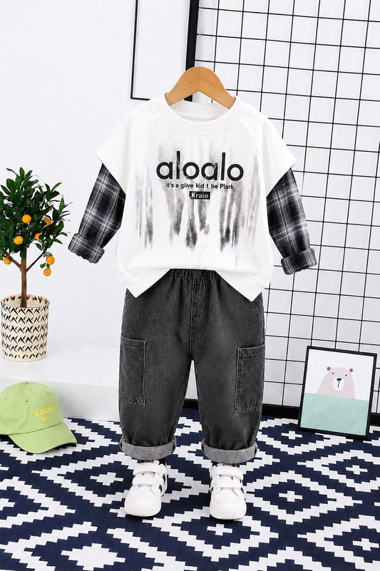 Product Title  Boys Premium 2 Pcs Casual Cord Set – White Printed T-Shirt & Black Denim Pants | Size 18–26