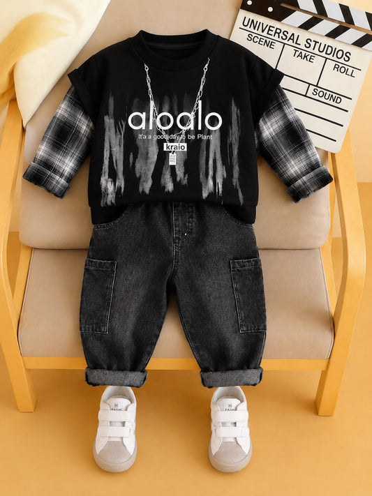 Product Title  Boys Premium 2 Pcs Casual Cord Set – Black Printed T-Shirt & Black Denim Jogger Pants | Size 18–26