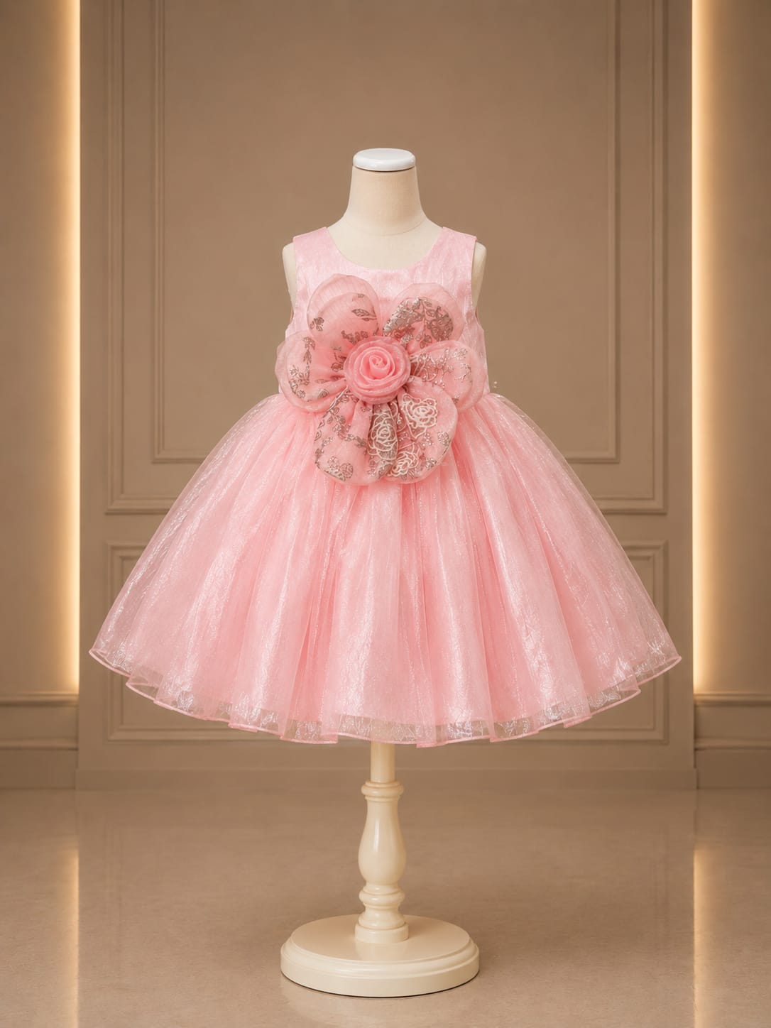 Girls Premium Pink Princess Party Wear Frock with 3D Floral Applique | Birthday & Wedding Dress | Size 16–18