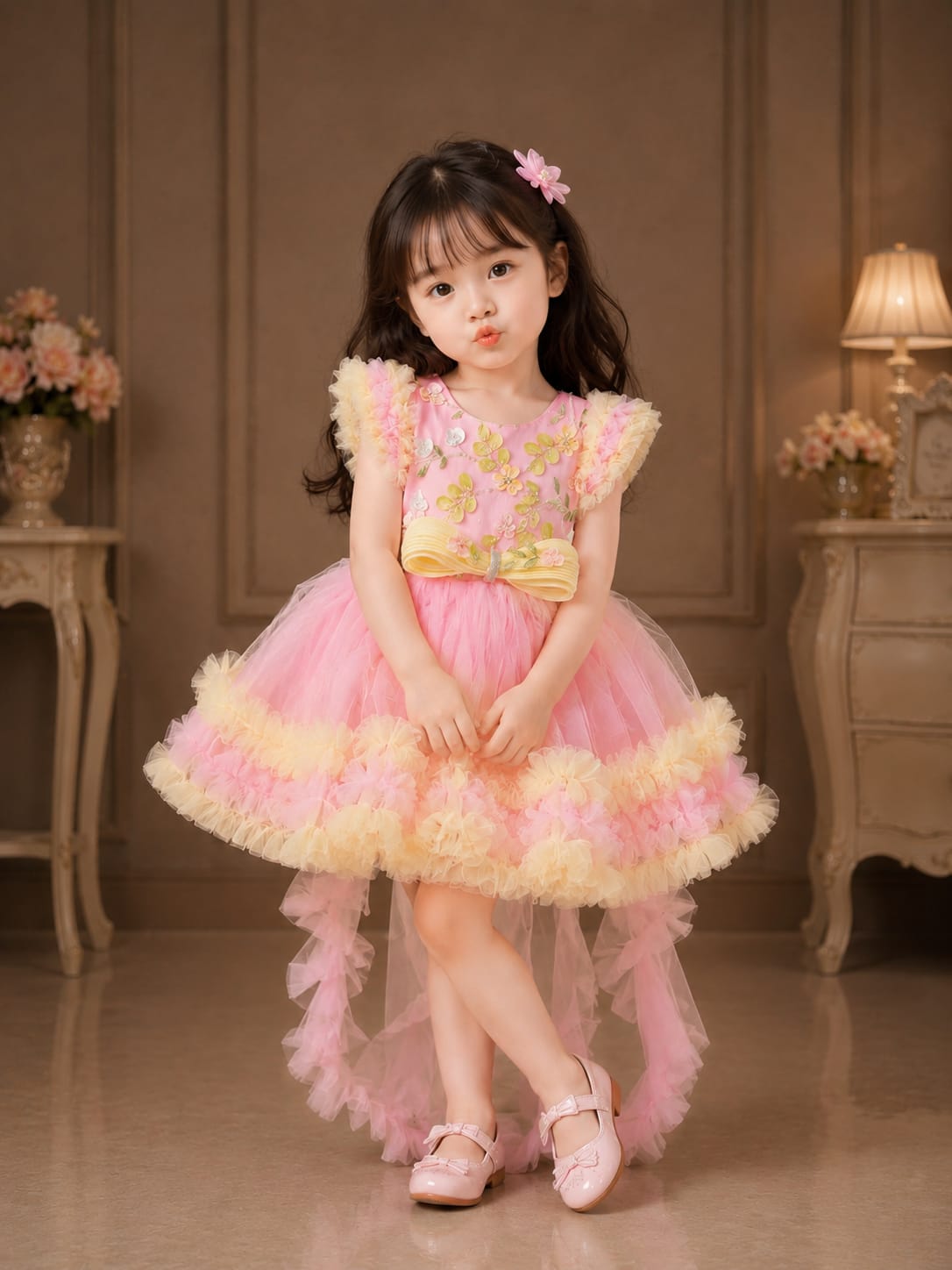 Girls Premium Pink High-Low Party Wear Frock with Floral Embroidery | Birthday & Wedding Dress | Size 16–22
