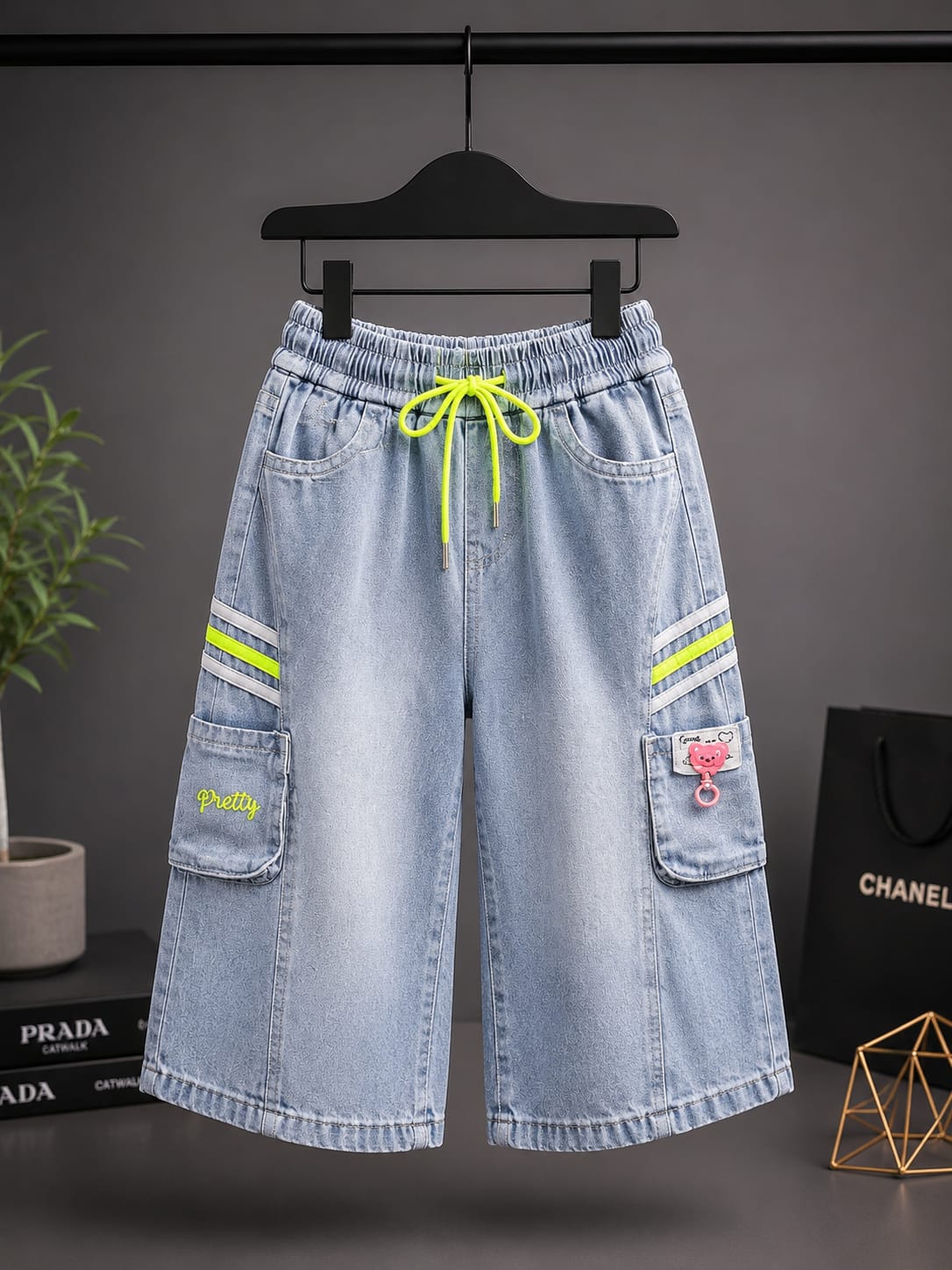 Girls Light Blue Wide Leg Cargo Denim Jeans | Premium Elastic Waist Culottes | Size 20–24