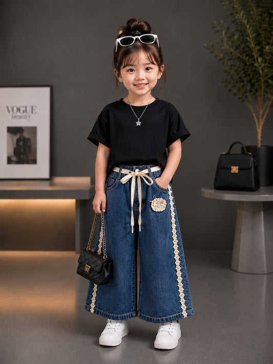 Girls Premium Dark Blue Wide Leg Denim Culottes | Lace Side Kids Jeans | Size 18–24