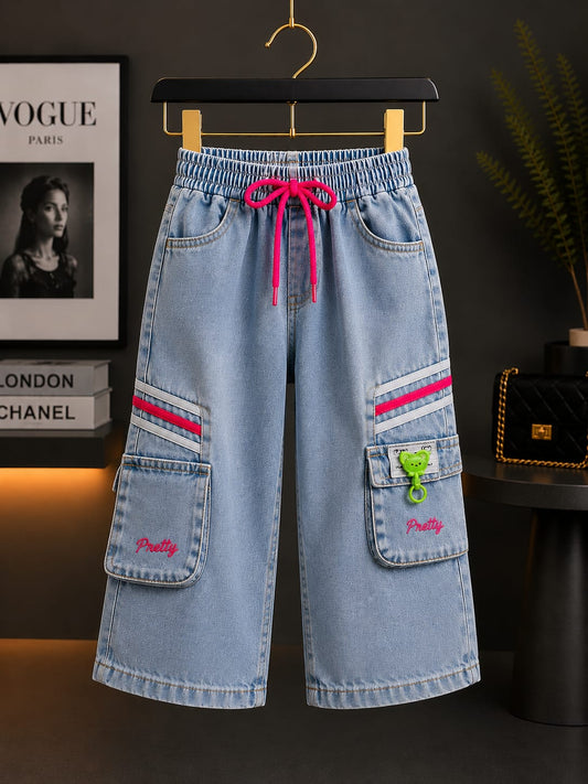 Girls Light Blue Cargo Wide Leg Denim Jeans | Premium Fashion Cargo Jeans | Size 20–24