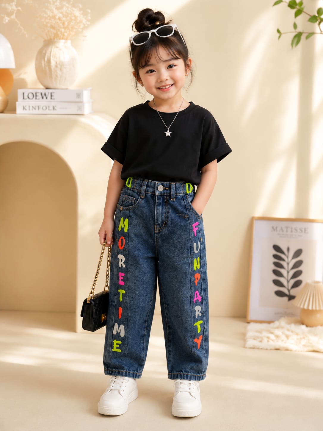 Girls Blue Graphic Print Baggy Denim Jeans | Premium Casual Fashion Jeans | Size 18–24