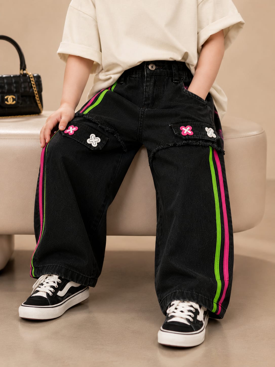 Girls Black Wide Leg Designer Denim Jeans | Neon Side Stripe Cargo Style Jeans | Size 24–36