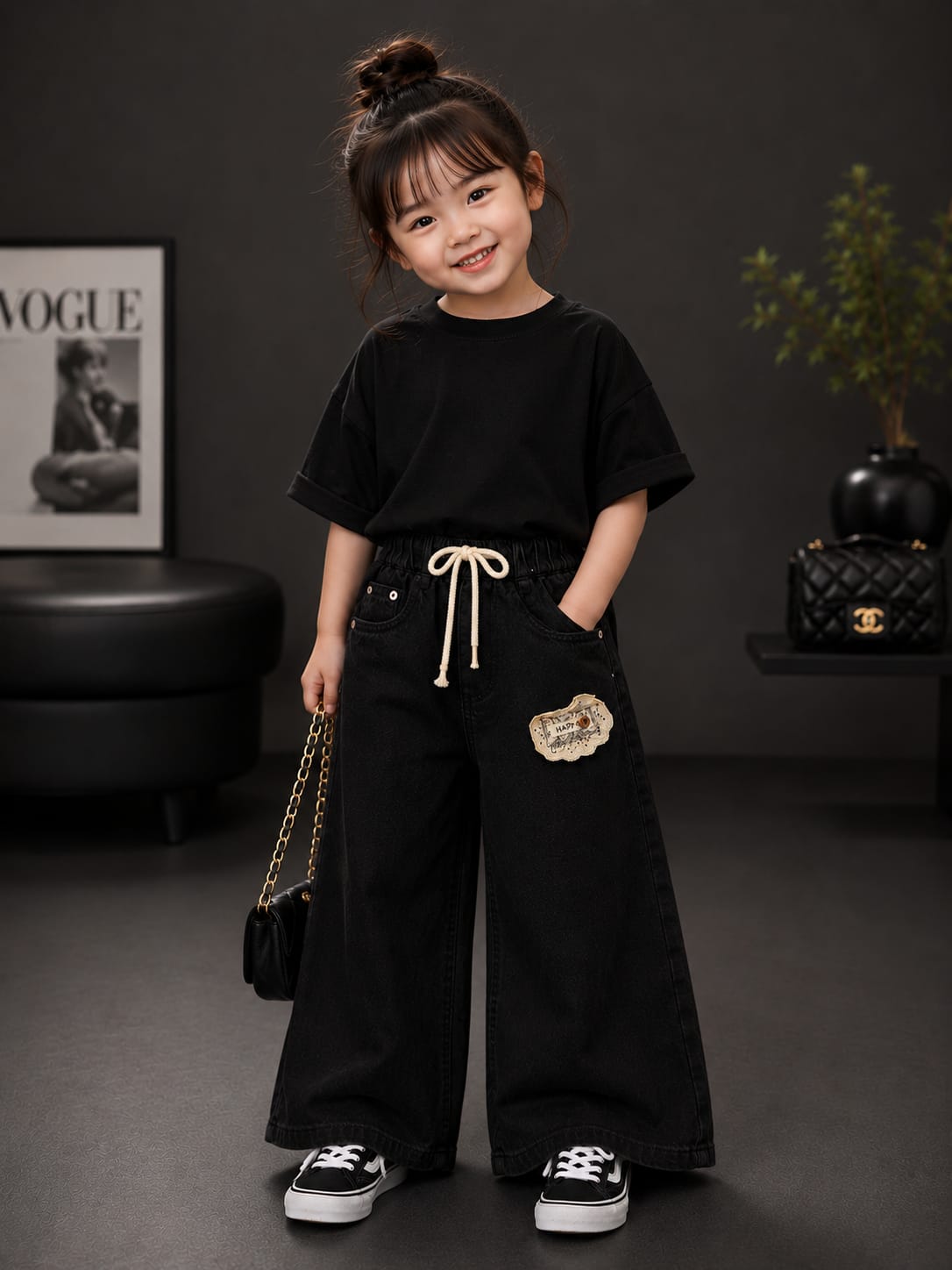Girls Black Wide Leg Denim Jeans | Premium Casual Baggy Jeans with Drawstring | Size 18–24