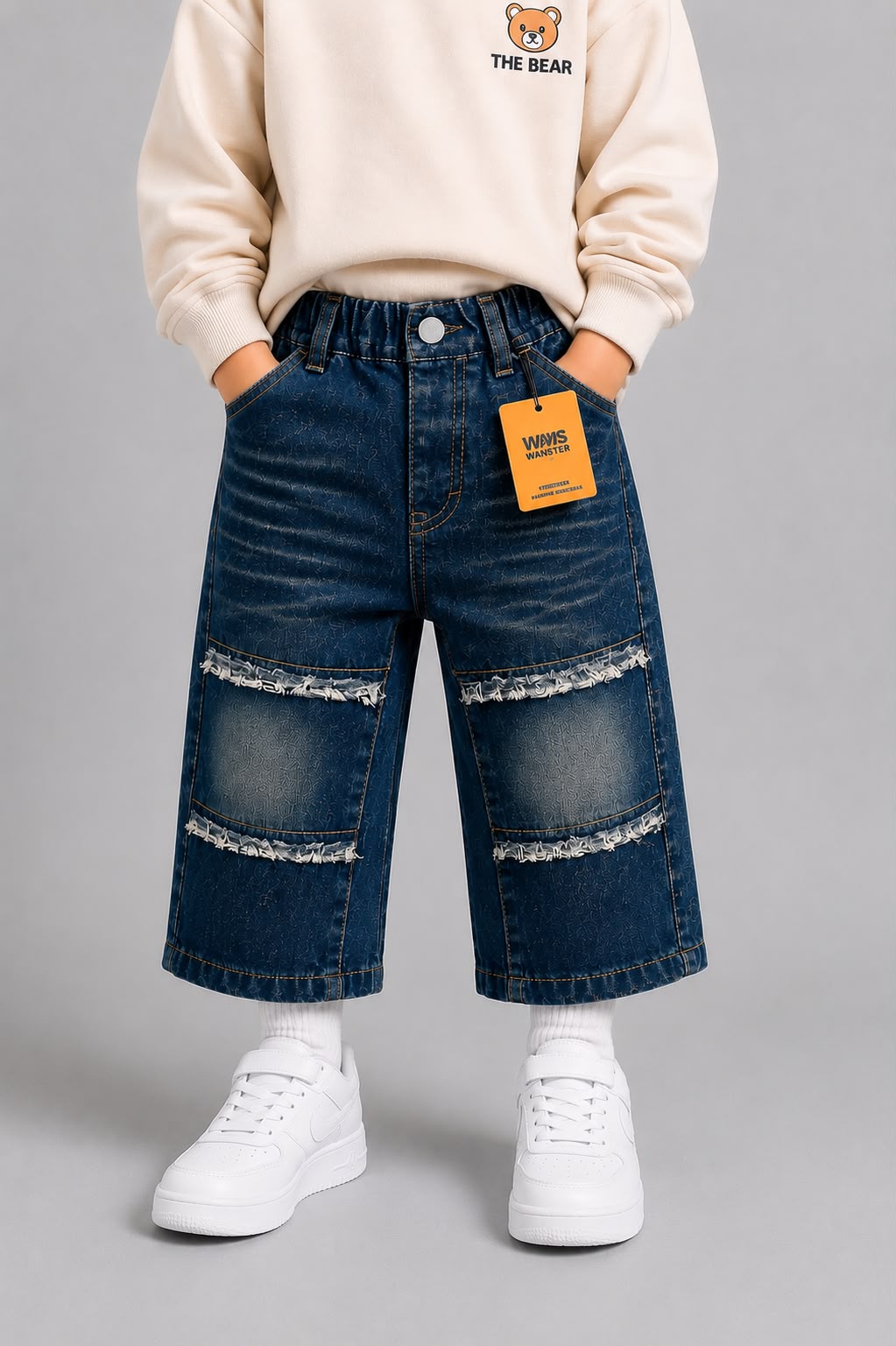 Wanster Kids Dark Blue Distressed Patch Denim Jeans | Premium Boys Casual Wear | Size 18–26