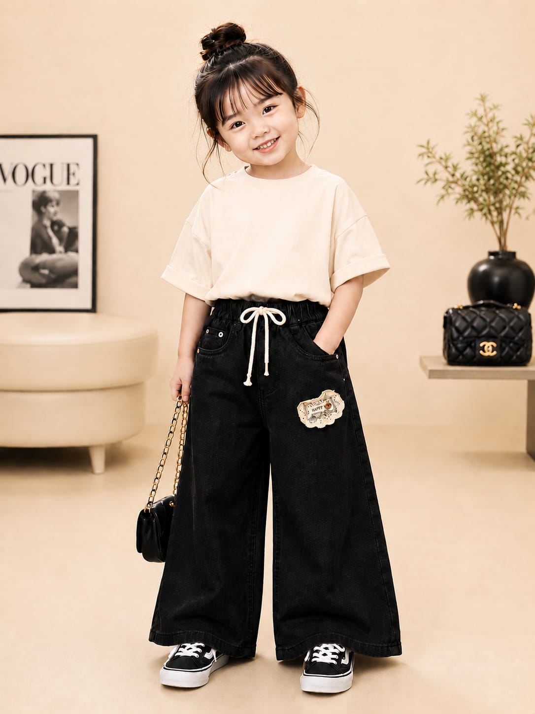 Girls Black Wide Leg Denim Jeans | Premium Casual Baggy Jeans with Drawstring | Size 18–24