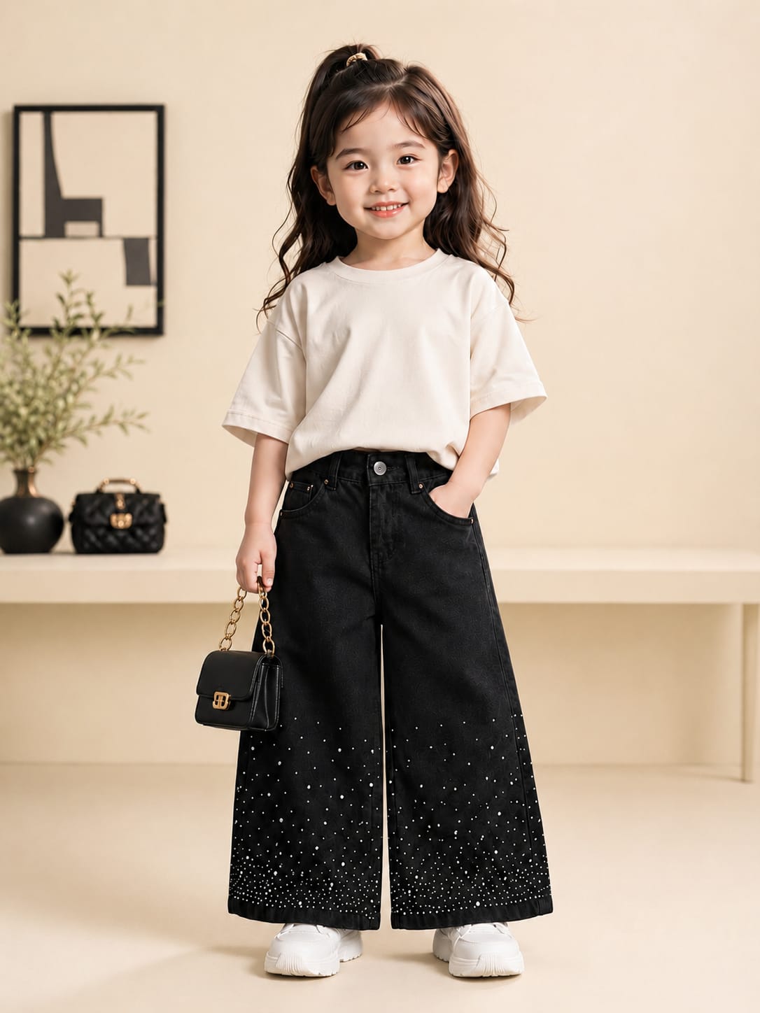 Girls Black Rhinestone Wide Leg Denim Jeans | Premium Party Wear Fashion Jeans | Size 20–22