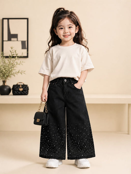 Girls Black Rhinestone Wide Leg Denim Jeans | Premium Party Wear Fashion Jeans | Size 20–22