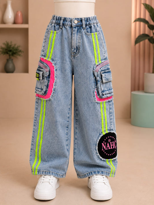 Girls Light Blue Cargo Wide Leg Denim Jeans with Neon Stripe Design | Size 24–36