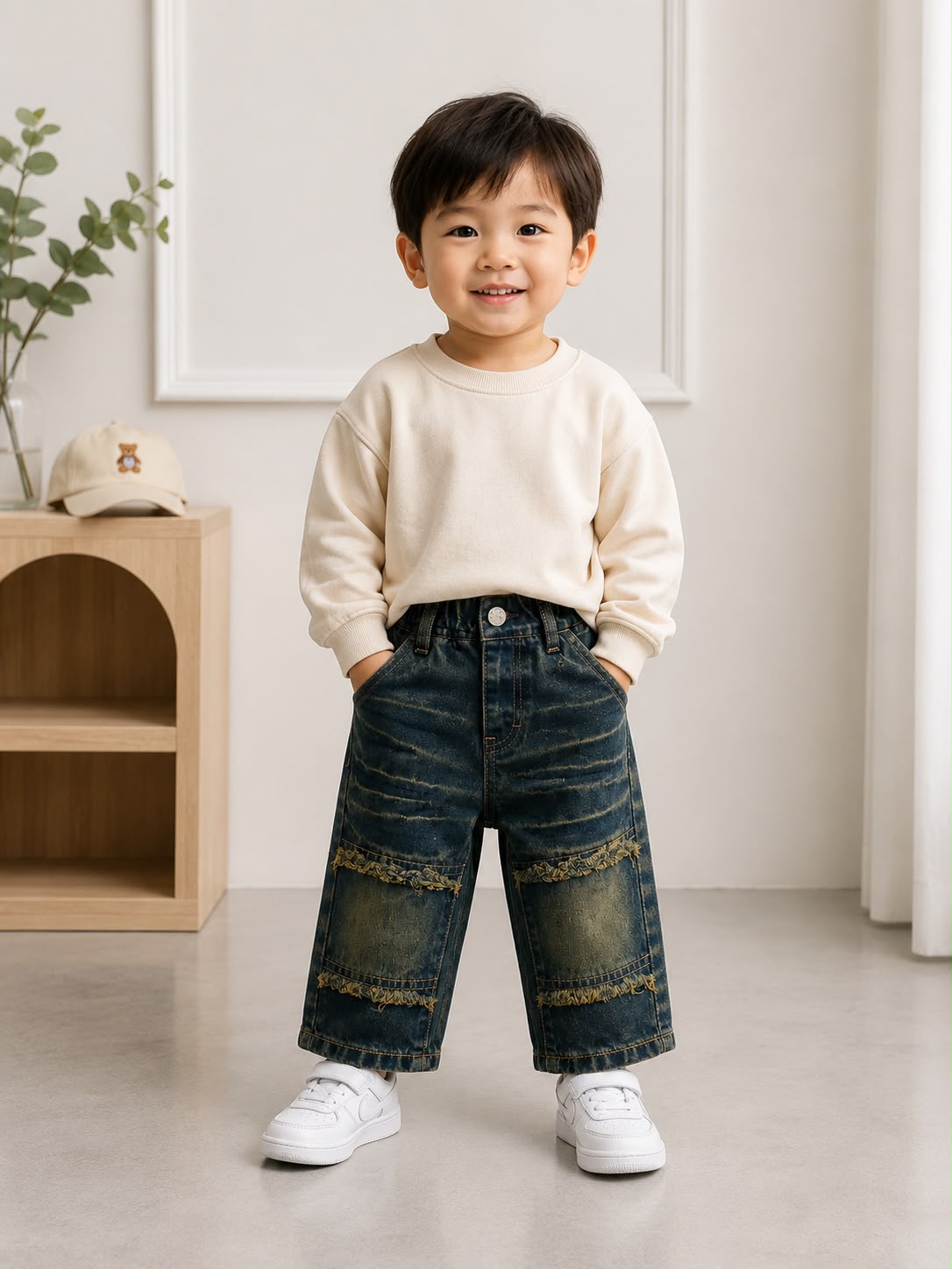 Wanster Kids Vintage Blue Distressed Patch Denim Jeans | Premium Boys Casual Wear | Size 18–26