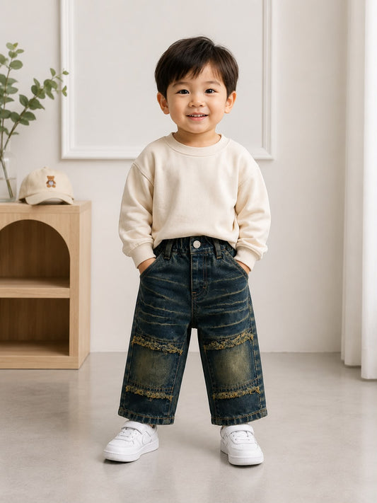 Wanster Kids Vintage Blue Distressed Patch Denim Jeans | Premium Boys Casual Wear | Size 18–26