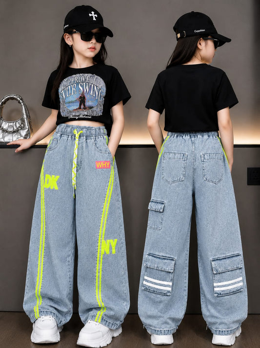 Girls Light Blue Neon Stripe Baggy Denim Jeans | Trendy Cargo Style | Size 24–36