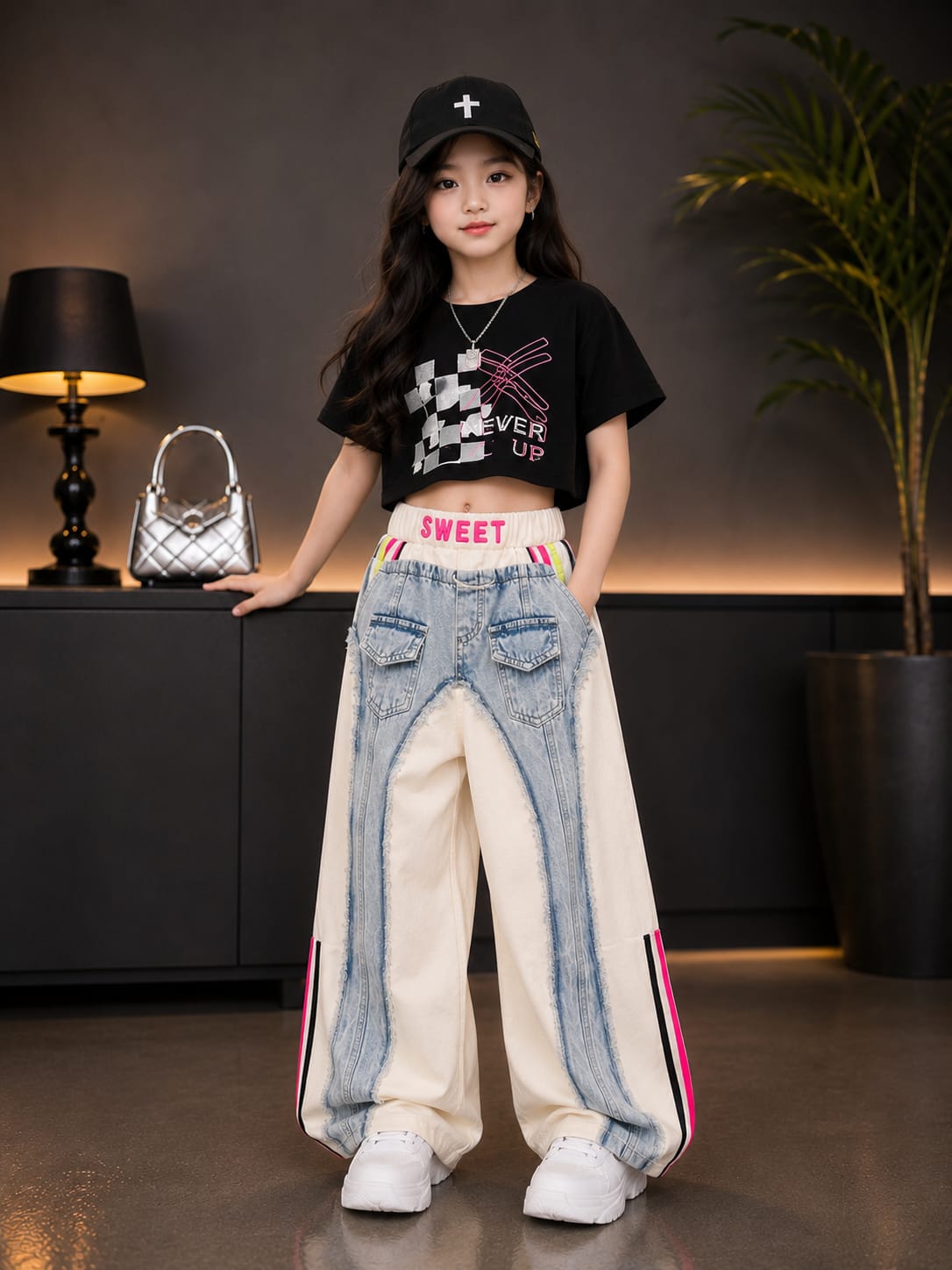 Girls Cream & Light Blue Baggy Denim Jeans | Trendy Contrast Panel Girls Jeans | Size 24–34