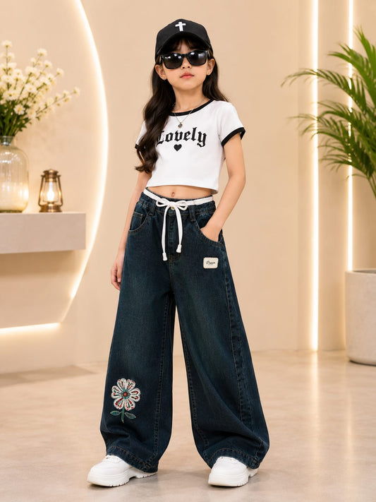 Girls Vintage Blue Floral Embroidered Wide Leg Denim Jeans | Premium Kids Fashion | Size 26–36