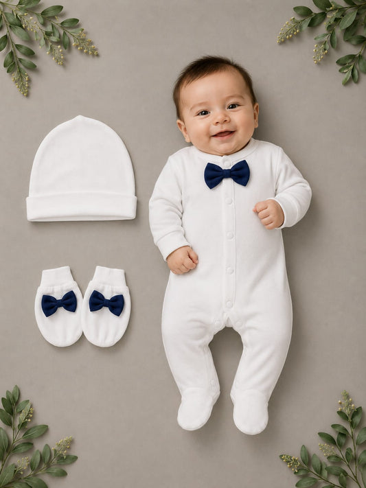 Premium Baby Boy 3-Piece Romper Set with Cap & Mittens | Soft Cotton | White | 3–12 Months