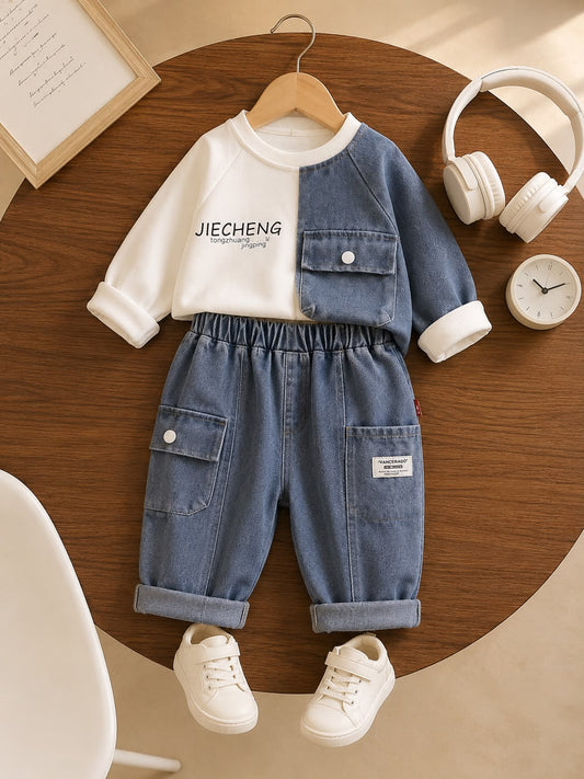oys Denim Co-Ord Set | PBremium Kids 2-Piece Outfit | Blue & White | Size 18–26