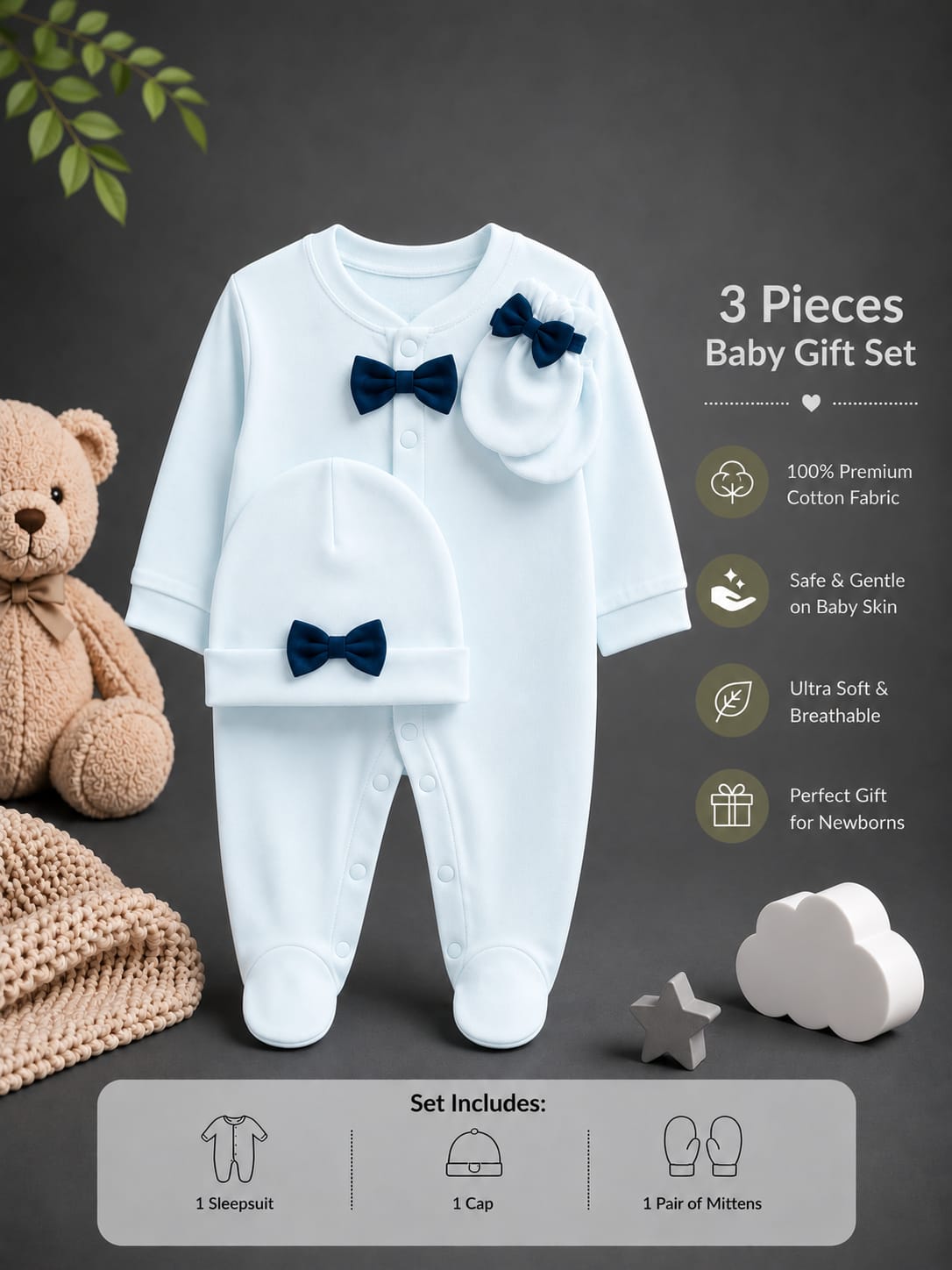 Premium Baby Boy 3-Piece Romper Set with Cap & Mittens | Sky Blue | Soft Cotton | 3–12 Months