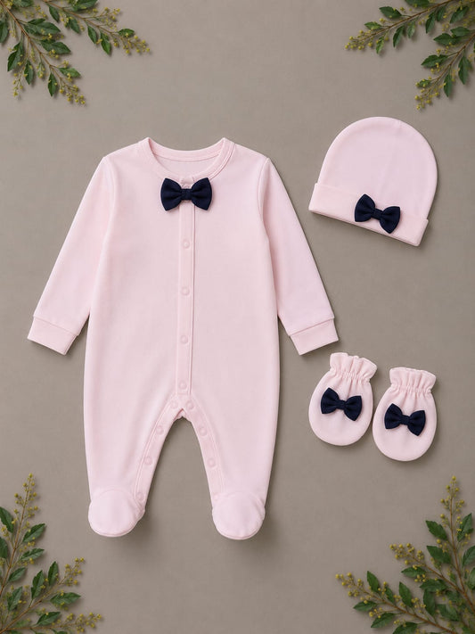 Premium Newborn Baby 3-Piece Romper Set with Cap & Mittens | Soft Cotton | Pink | 3–12 Months