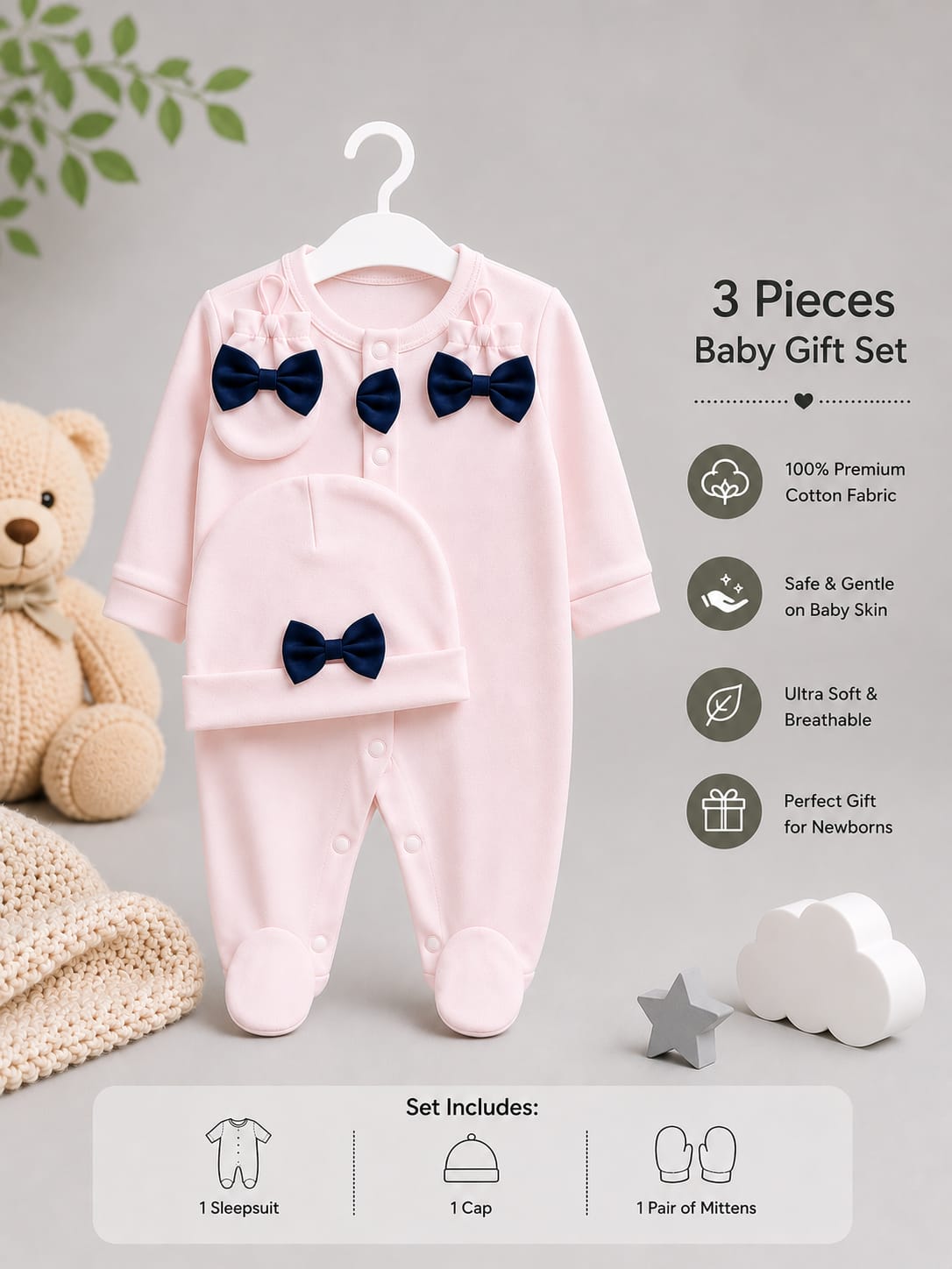 Premium Newborn Baby 3-Piece Romper Set with Cap & Mittens | Soft Cotton | Pink | 3–12 Months