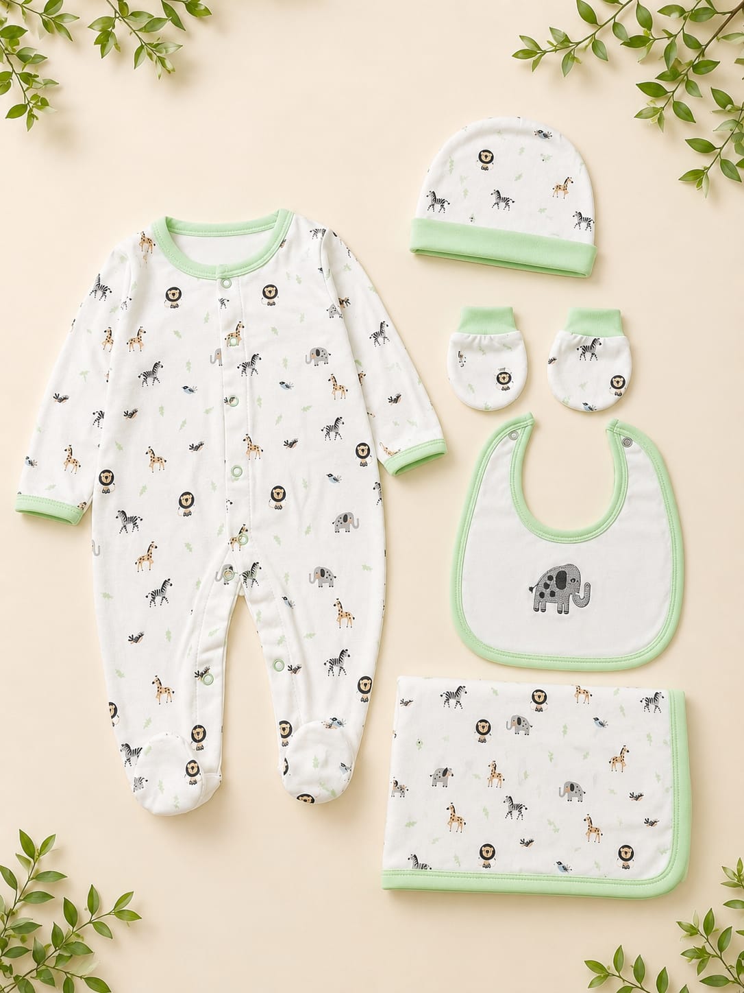Premium Newborn 6-Piece Baby Clothing Gift Set | Soft Cotton | Safari Print | 0–6 Months | Unisex
