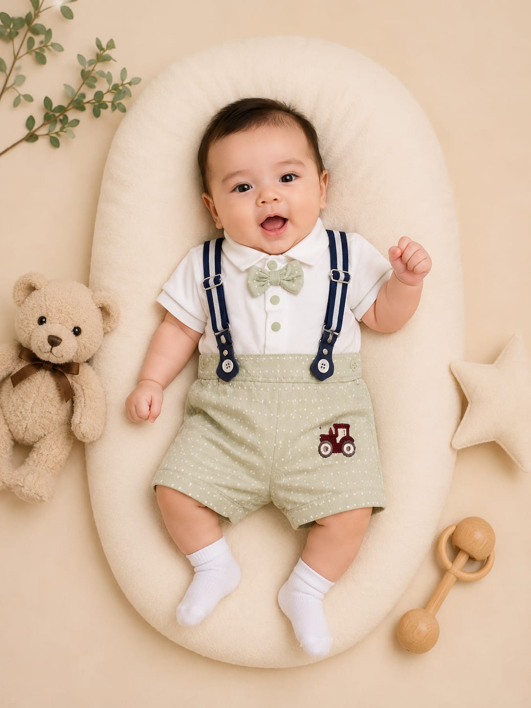Premium Newborn Baby Gentleman Romper | Soft Cotton Bow Tie Suspender Outfit | 0–3 Months | Baby Boy