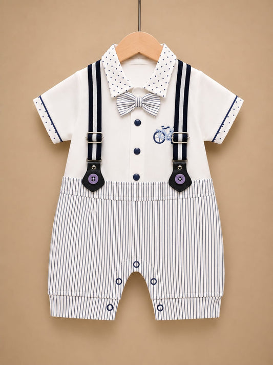 Premium Newborn Baby Boy Gentleman Romper | Bow Tie Suspender Romper | Soft Cotton Party Wear | 0–3 Months