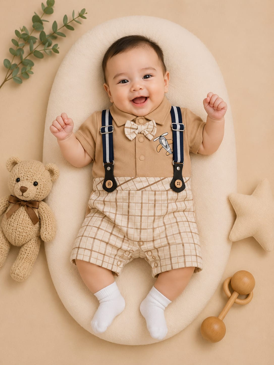 Premium Newborn Baby Boy Gentleman Romper | Bow Tie Suspender Romper | Soft Cotton Party Wear | 0–3 Months