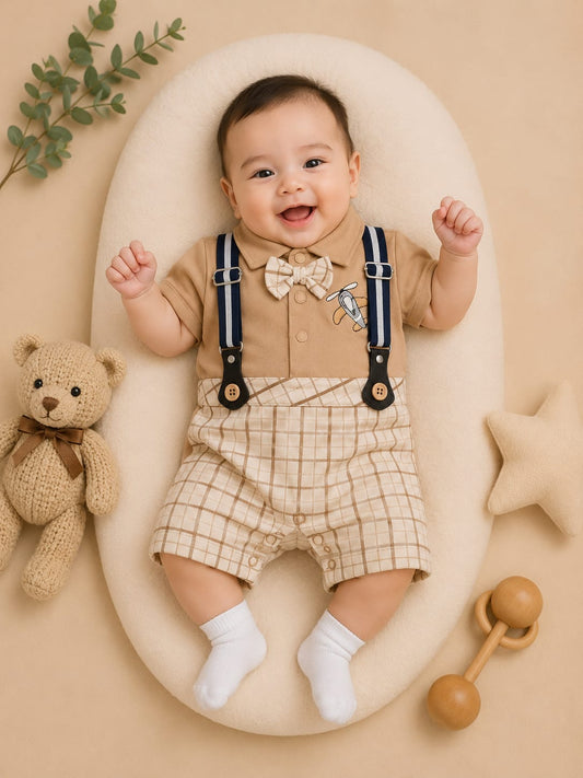 Premium Newborn Baby Boy Gentleman Romper | Bow Tie Suspender Romper | Soft Cotton Party Wear | 0–3 Months