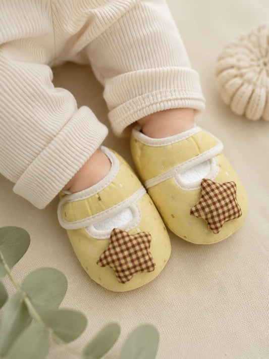 Newborn Baby Soft Cotton Star Booties | Yellow Prewalker Shoes | Anti-Slip First Walking Shoes (0–12 Months)