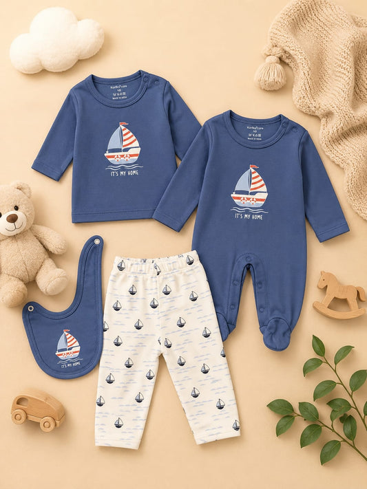 Newborn Baby 4-Piece Clothing Gift Set | Cotton Romper, T-Shirt, Pants & Bib Set | Soft Infant Outfit (0–12 Months)