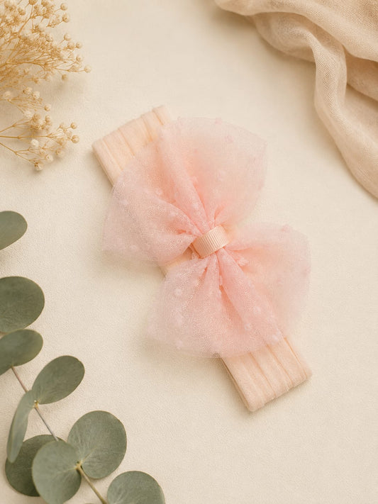 Baby Girl Premium Peach Bow Headband | Soft Stretch Nylon Hair Band | Elegant Mesh Bow Headwrap for Newborn & Infant (0–24 Months)