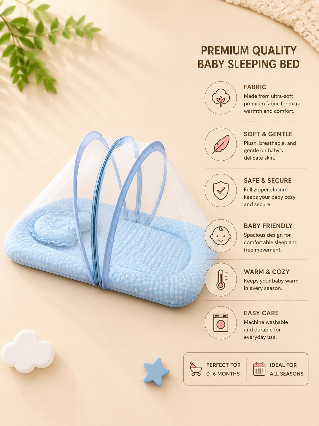 Premium Foldable Baby Bed with Mosquito Net | Ultra Soft Minky Baby Nest | Portable Newborn Sleeping Bed | Sky Blue | 0–12 Months